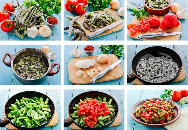 Recipe preparation step by step food green beans with tomatoes — Stock Photo, Image